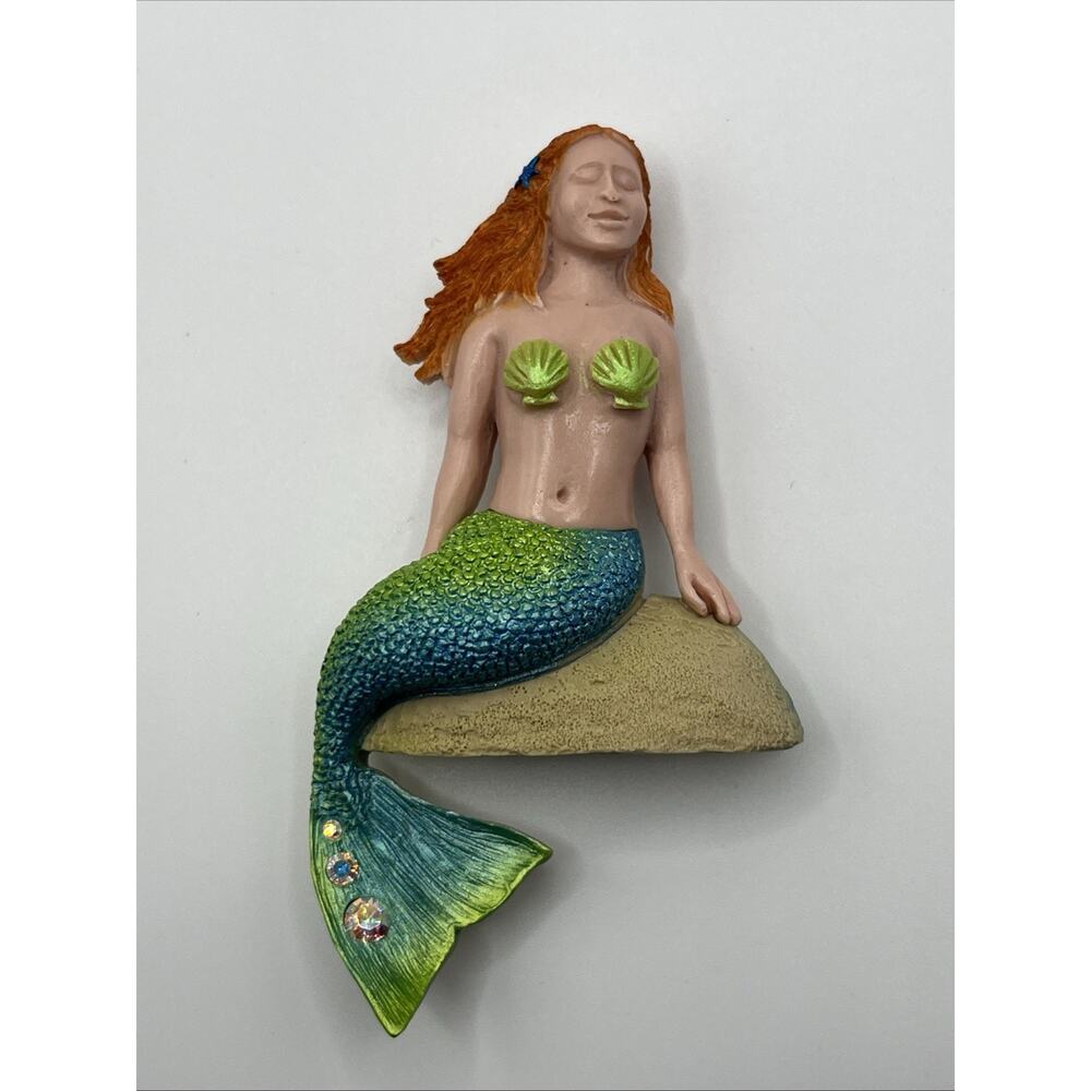 Mermaid Artisan Fridge Magnet by Clay Critters Jewel Fin Tail Green Handmade USA